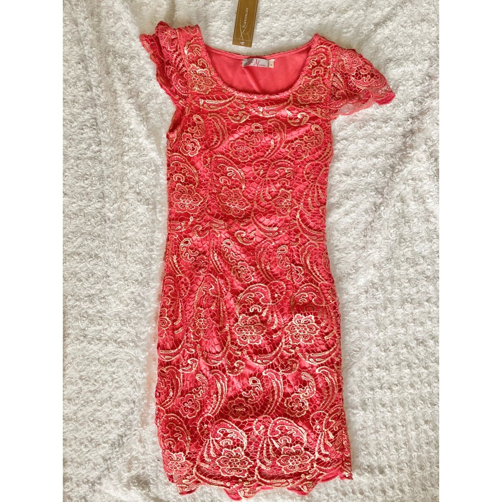 Francesca’s Myan Coral and Gold Lace Sheath Dress